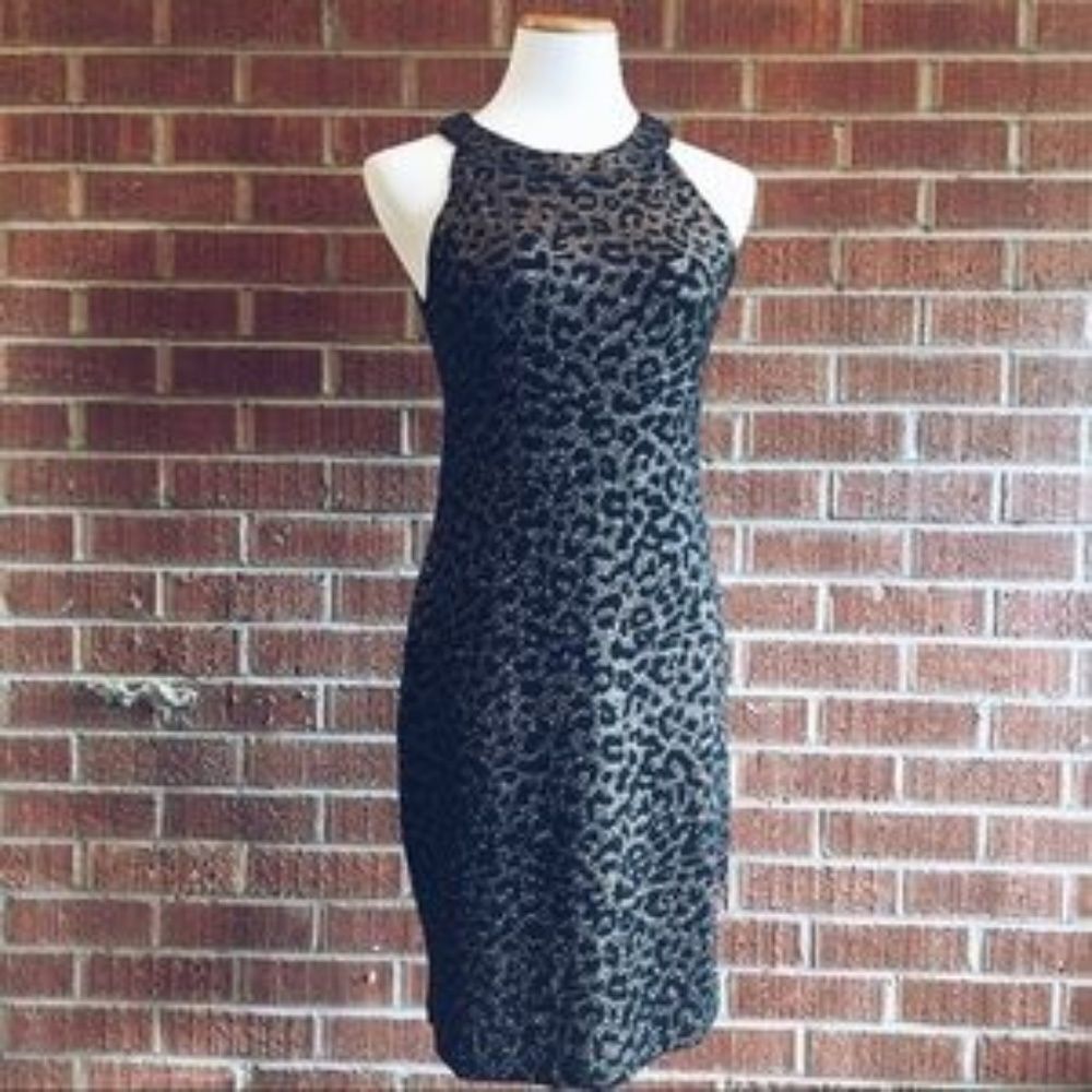 Animal Print Sleeveless Halter Dress ~ Back Cut Out ~ Black & Brown ~ NEW